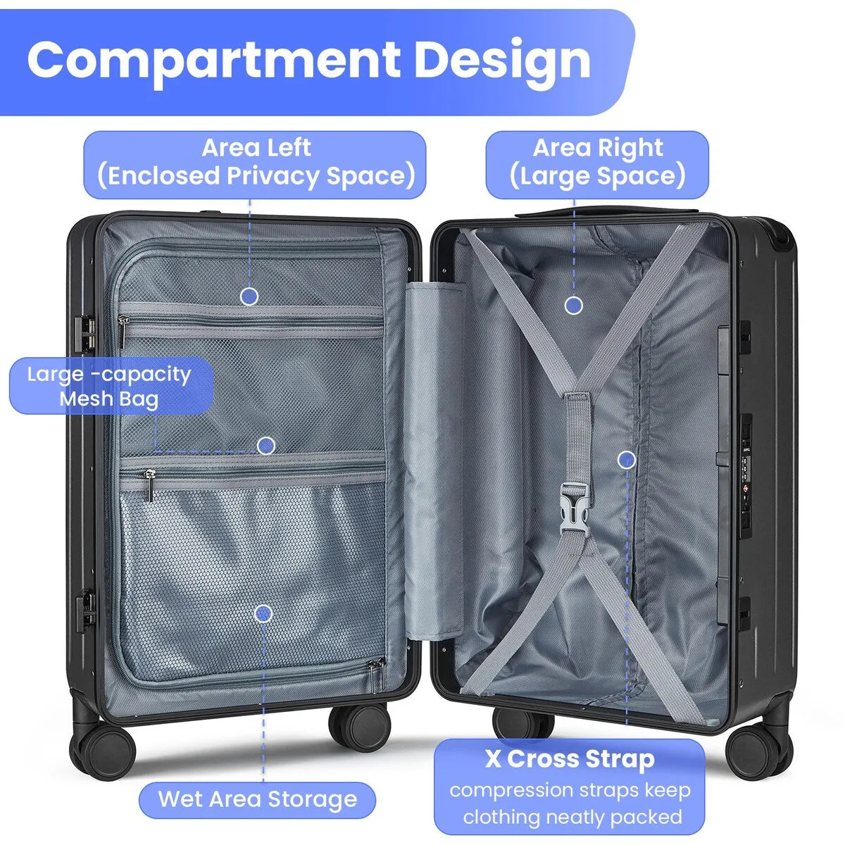 Aluminum Frame 20 Inch with Front Open Carry-on Luggage