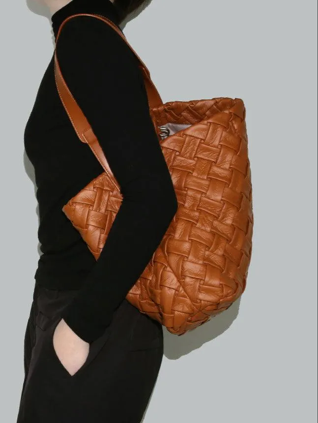 Handmade Soft Vegan Leather Woven Tote Bag for Women, Large Minimalist Commuter Shoulder Bag with Inner Pouch
