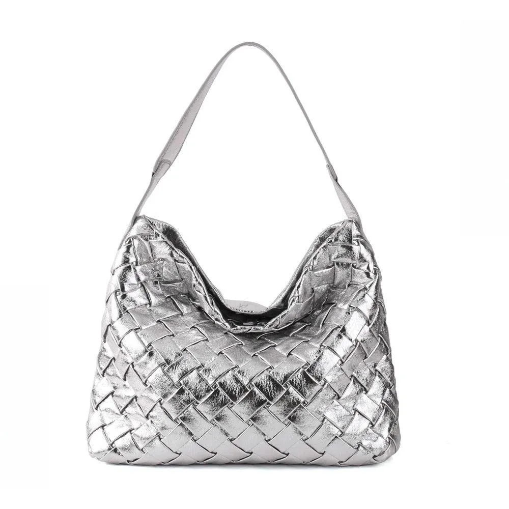 Handmade Soft Vegan Leather Woven Tote Bag for Women, Large Minimalist Commuter Shoulder Bag with Inner Pouch