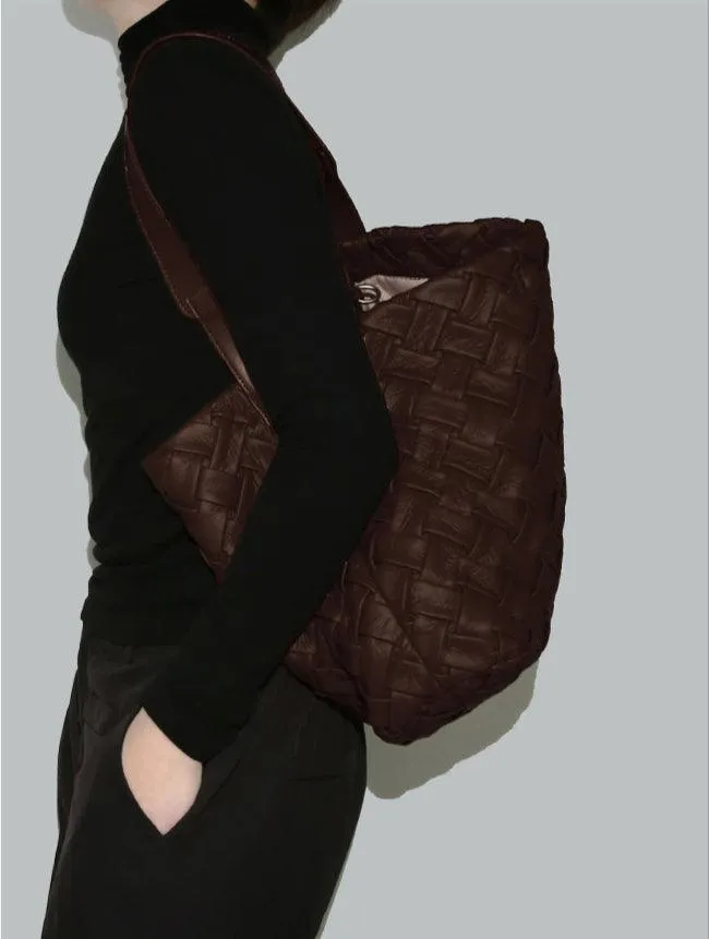 Handmade Soft Vegan Leather Woven Tote Bag for Women, Large Minimalist Commuter Shoulder Bag with Inner Pouch
