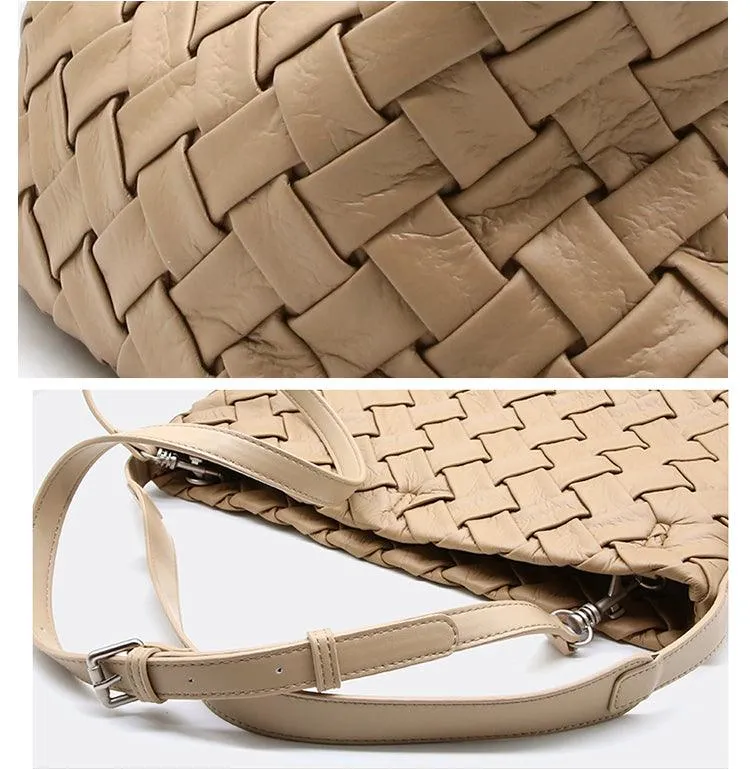 Handmade Soft Vegan Leather Woven Tote Bag for Women, Large Minimalist Commuter Shoulder Bag with Inner Pouch