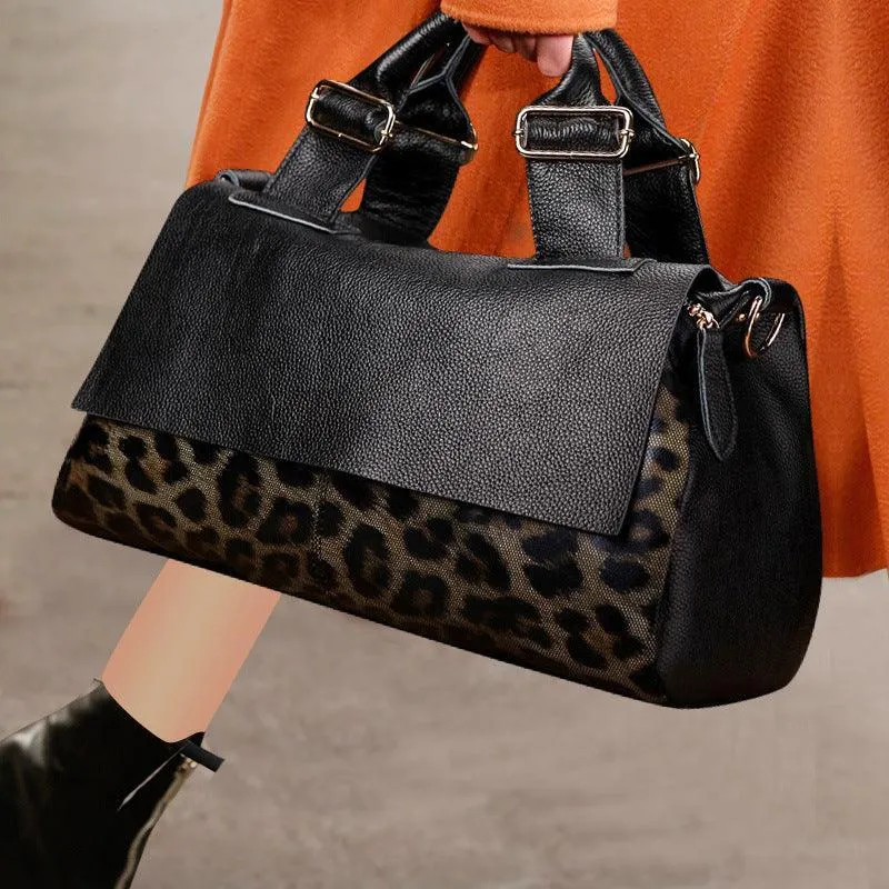 Large Elegant Cowhide Leather Shoulder Bag with Leopard Print Accent and Floral Print, Fashion Leather Handbag