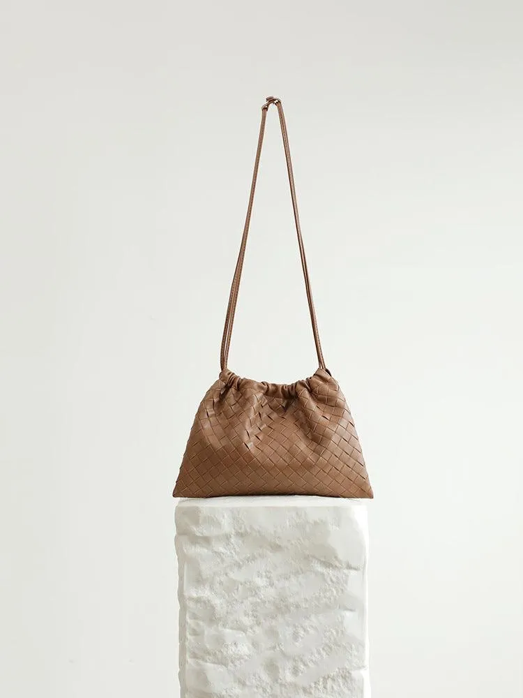 Luxurious Handwoven Lambskin Drawstring Shoulder Bag - Genuine Leather Shoulder Bucket Bag for Women