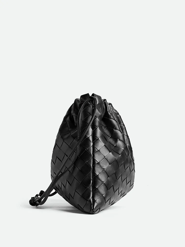Luxurious Handwoven Lambskin Drawstring Shoulder Bag - Genuine Leather Shoulder Bucket Bag for Women