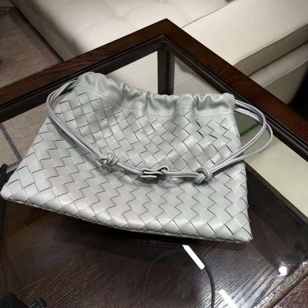 Luxurious Handwoven Lambskin Drawstring Shoulder Bag - Genuine Leather Shoulder Bucket Bag for Women