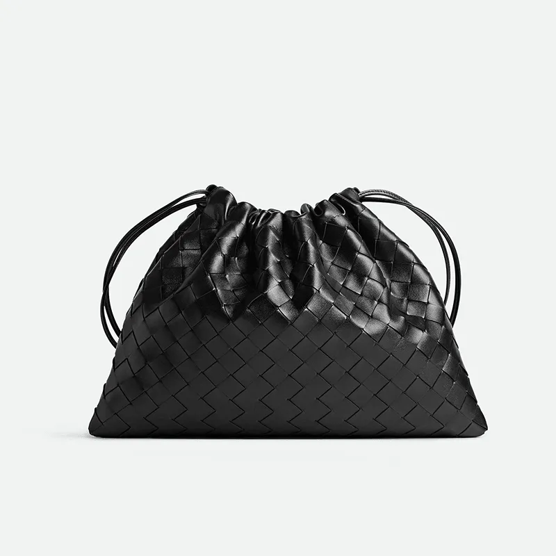 Luxurious Handwoven Lambskin Drawstring Shoulder Bag - Genuine Leather Shoulder Bucket Bag for Women