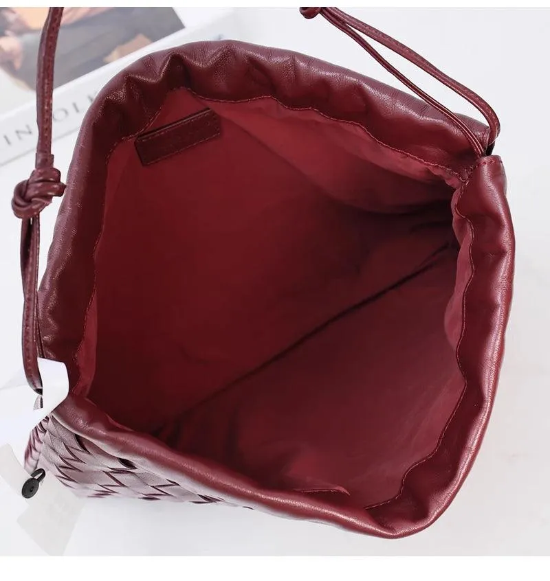Luxurious Handwoven Lambskin Drawstring Shoulder Bag - Genuine Leather Shoulder Bucket Bag for Women