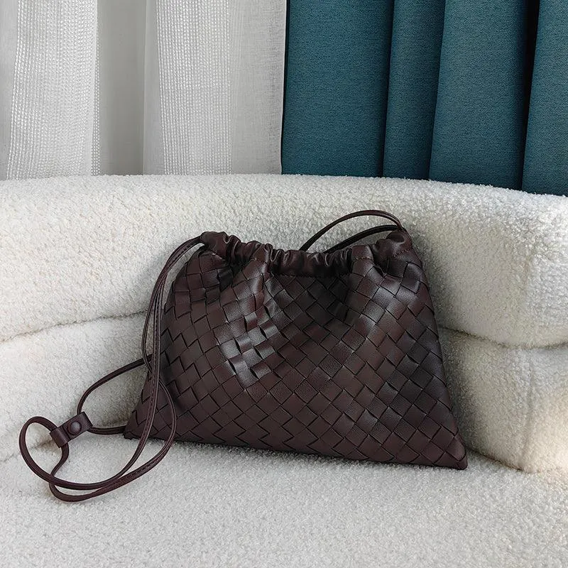 Luxurious Handwoven Lambskin Drawstring Shoulder Bag - Genuine Leather Shoulder Bucket Bag for Women