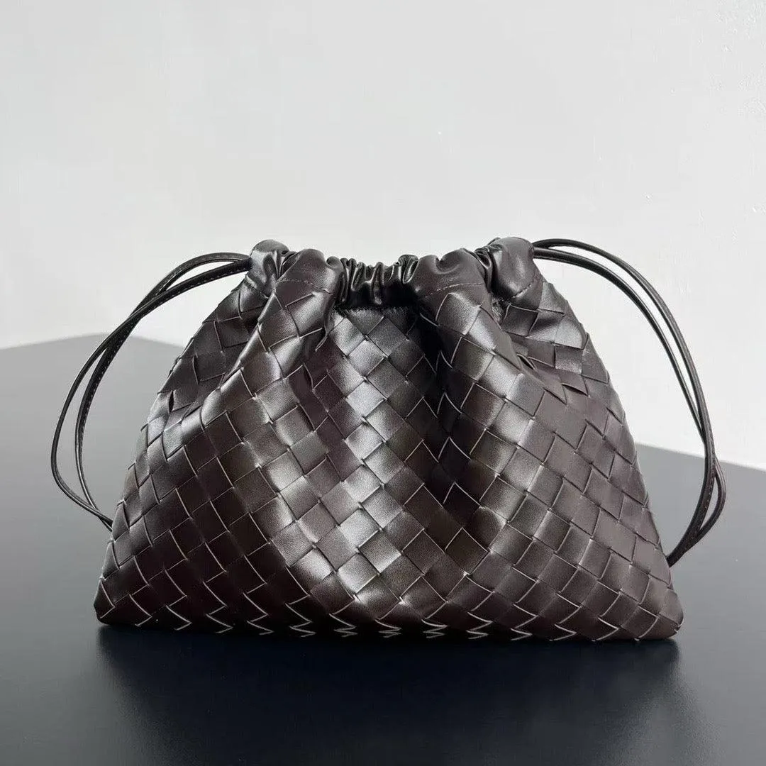 Luxurious Handwoven Lambskin Drawstring Shoulder Bag - Genuine Leather Shoulder Bucket Bag for Women