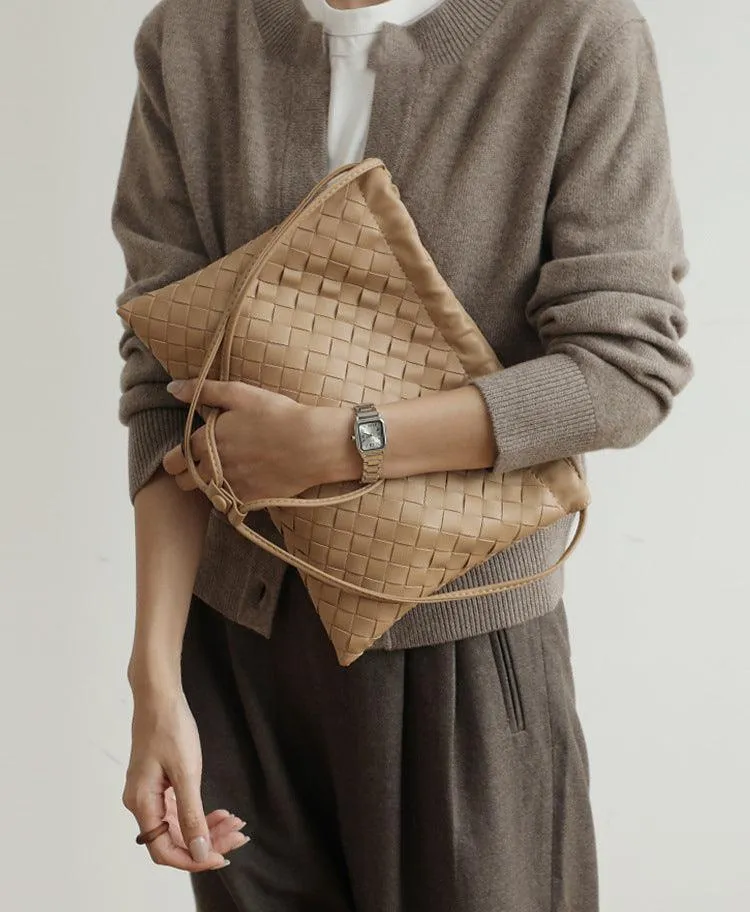 Luxurious Handwoven Lambskin Drawstring Shoulder Bag - Genuine Leather Shoulder Bucket Bag for Women