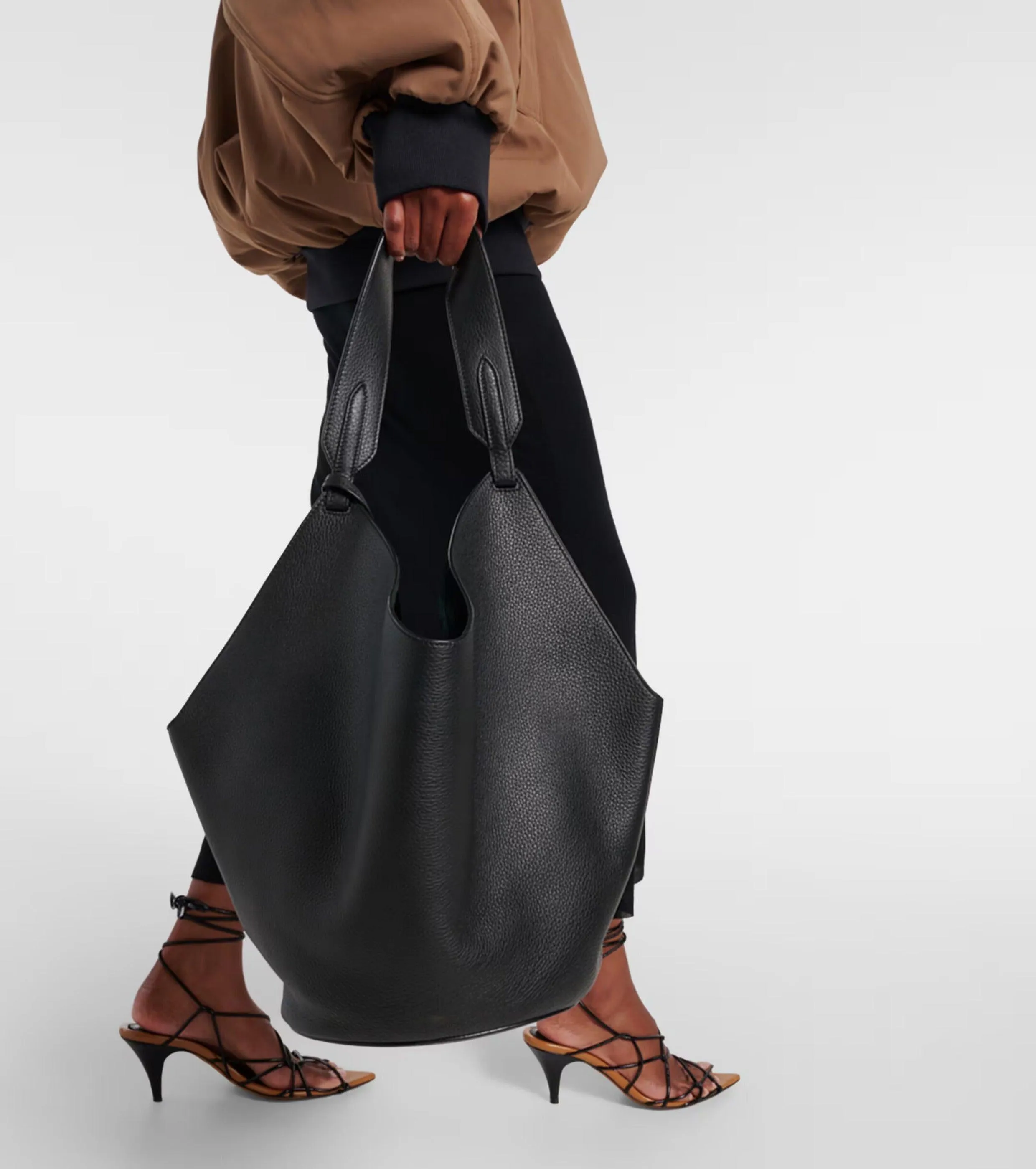 Luxury Pebbled Grain Leather Bucket Bag,  Large Minimalist Cowhide Leather Tote Bag