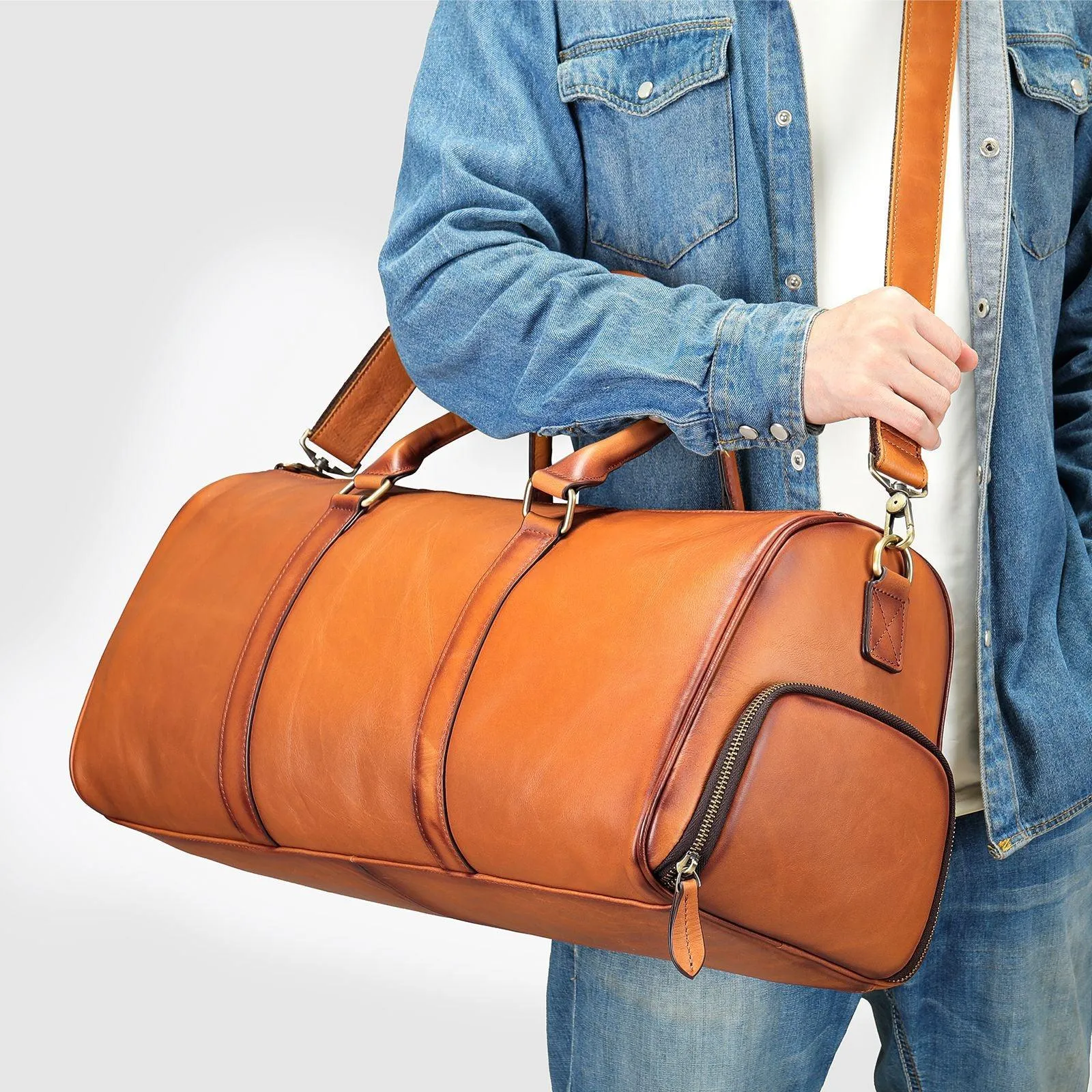 Men's Leather Travel Duffel Bag - Grain Leather Gym Bag with Shoe Compartment, Handheld and Crossbody Carry, Large Weekender Bag