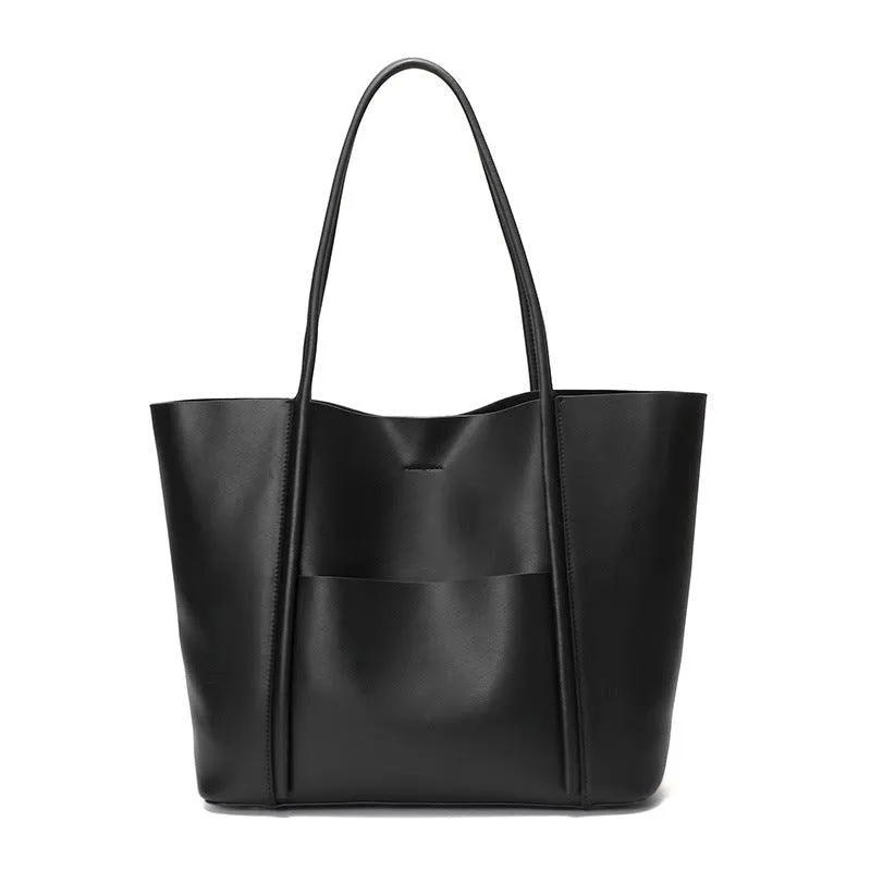 Minimalist Genuine Leather Tote Large Handbag, Top Handle Purse, Soft Leather Black Purse, Beige Leather Weekday Bag, Everyday Bag