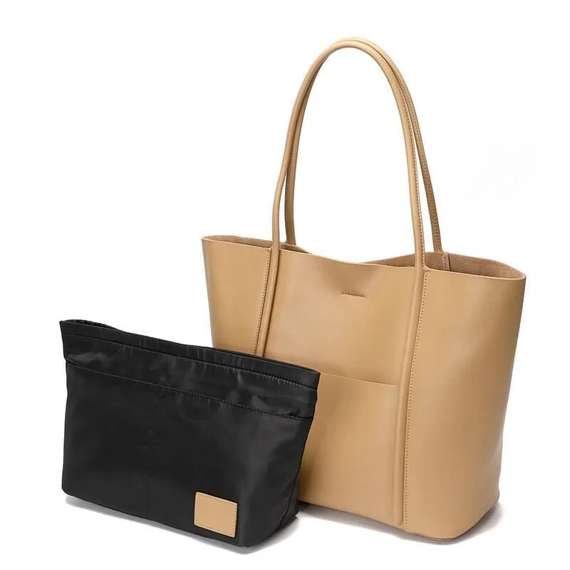 Minimalist Genuine Leather Tote Large Handbag, Top Handle Purse, Soft Leather Black Purse, Beige Leather Weekday Bag, Everyday Bag