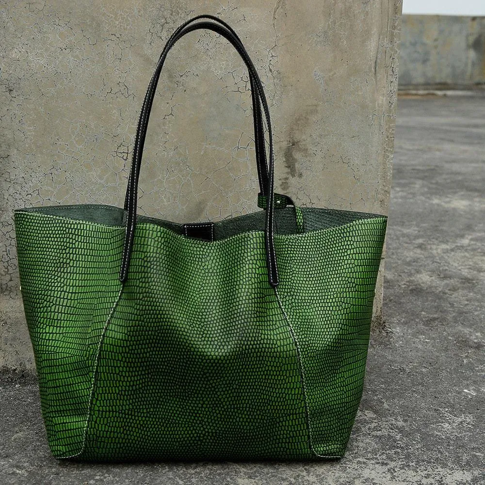 Oversize Large Leather Tote Bag, GENUINE Leather Bag, Lady Fashion Bag Green, Green Snake Print Leather Tote Bag