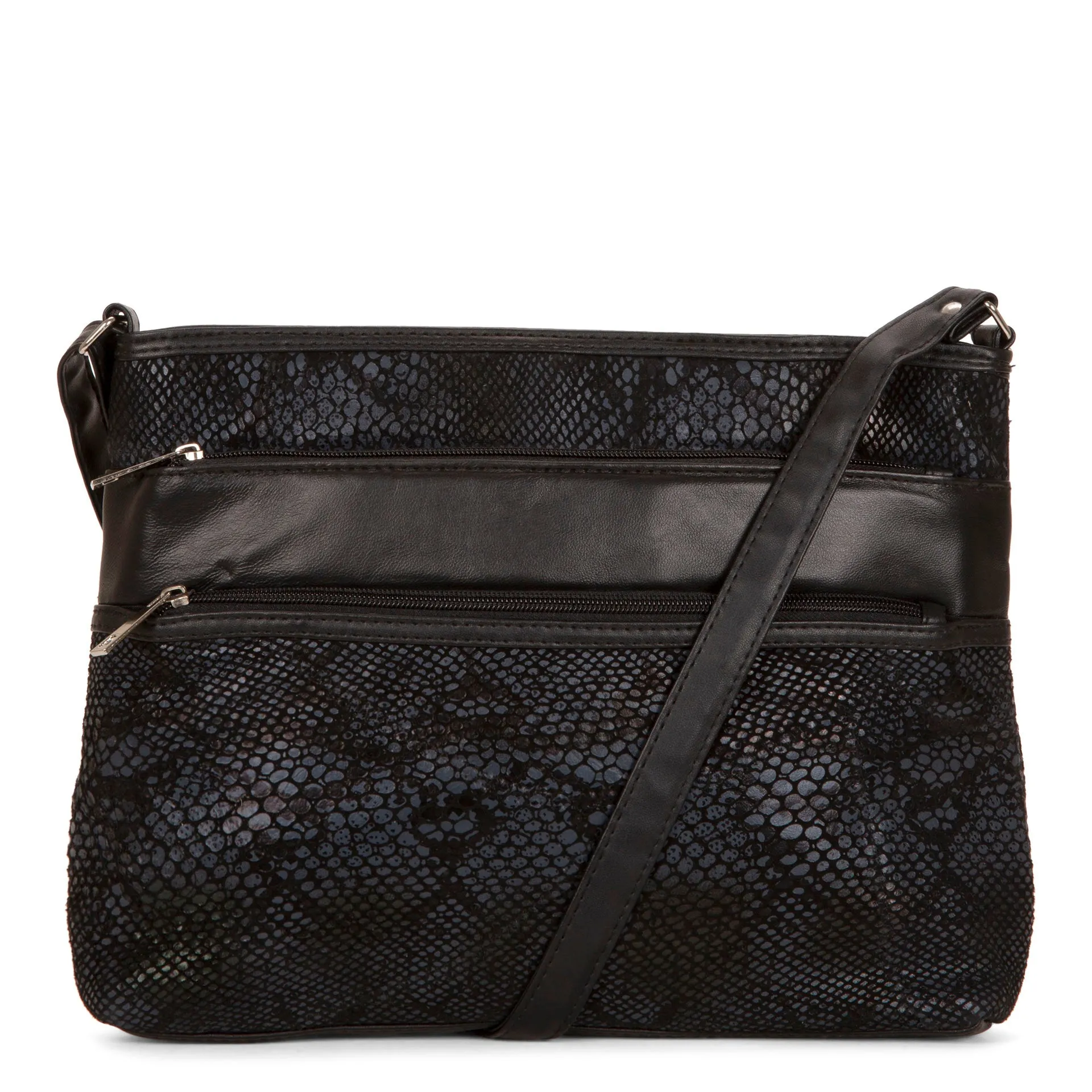 RFID Patch Leather Double Zip Crossbody
