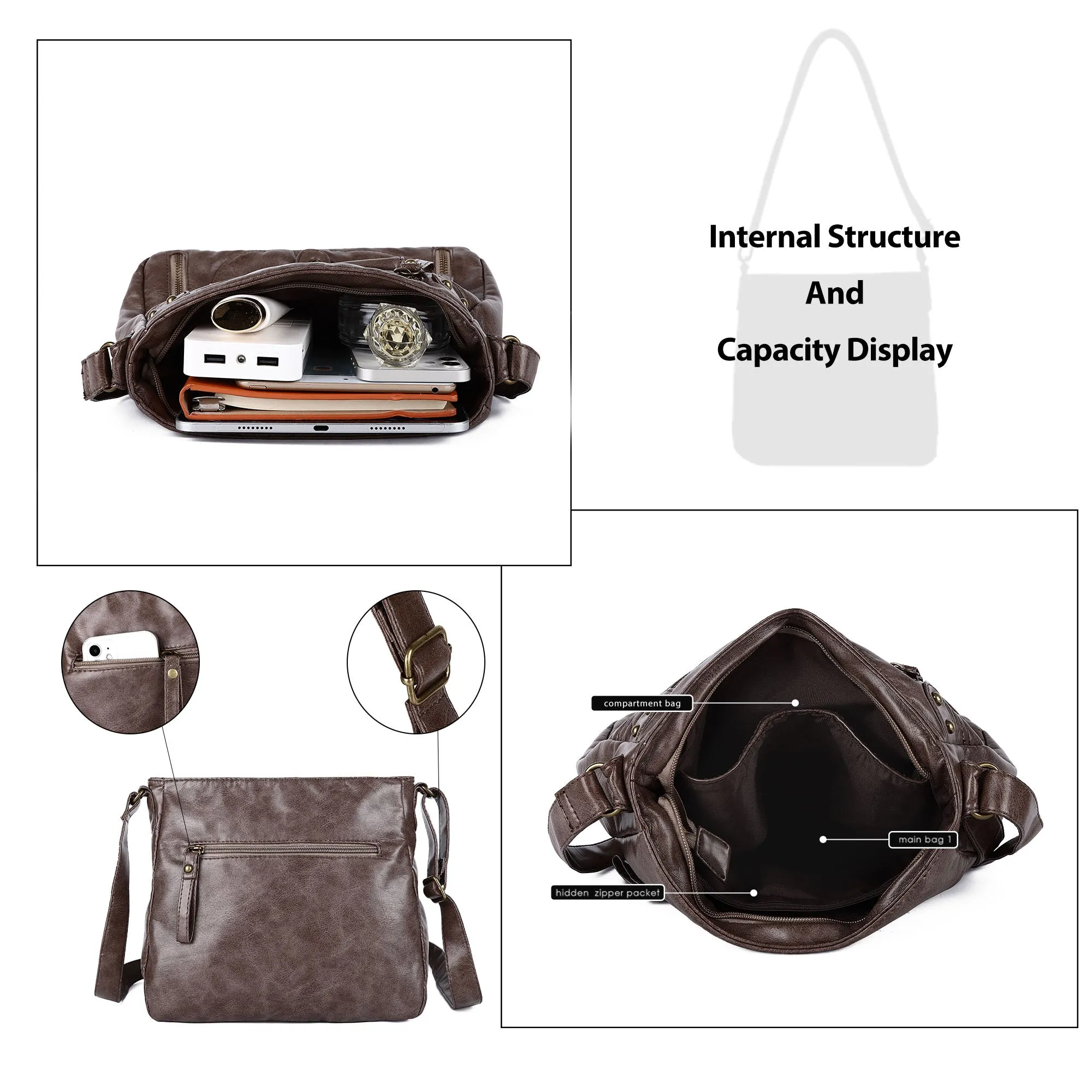 Solid color wash water pu leather adjustable shoulder strap daily shoulder bag