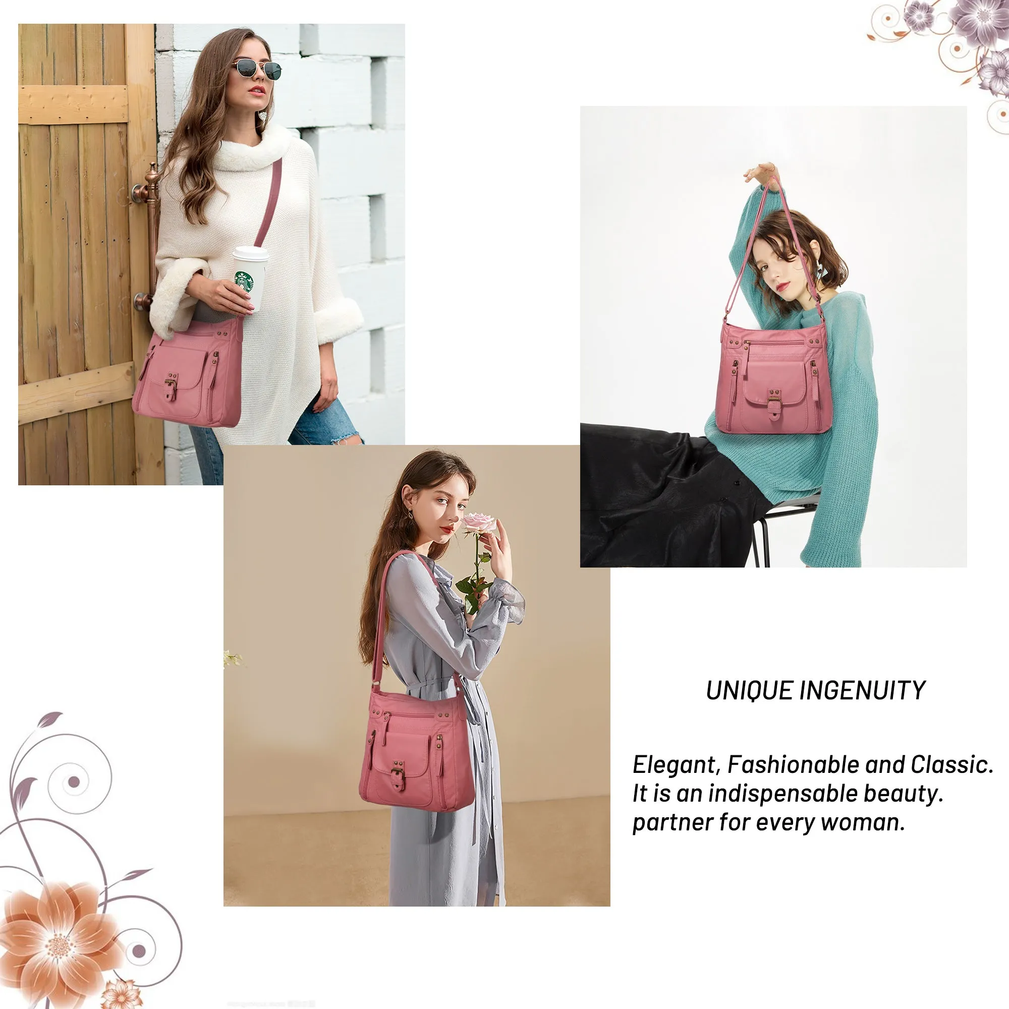 Solid color wash water pu leather adjustable shoulder strap daily shoulder bag